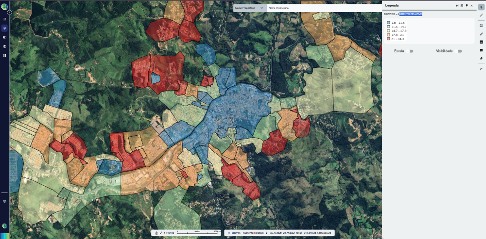 Mapa digital com áreas coloridas representando setores urbanos em uma planta genérica de valores utilizada para análise territorial e gestão municipal.