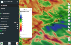 Tela do geopixel Monitor com mapa de previsão de chuva em cores e menu lateral de monitoramento ambiental.