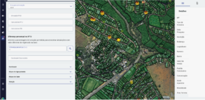 Interface do Observatório do Mercado Imobiliário da Geopixel exibindo mapa georreferenciado de lotes urbanos com simulador de PGV, calculadora de IPTU e ITBI integrados ao sistema.