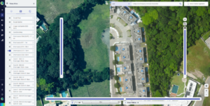 Plataforma de mapas com imagens aéreas comparativas e áreas urbanas, ilustrando soluções de monitoramento urbano inteligente.