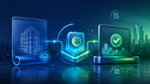 Imagem digital de aprovação de projeto arquitetônico com inteligência artificial, mostrando planta de construção, análise tecnológica e confirmação de aprovação em sistema digital.