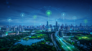 Imagem de cidade inteligente com conexões digitais e ícones tecnológicos, representando o uso de inteligência artificial no monitoramento urbano e na gestão de dados das cidades.